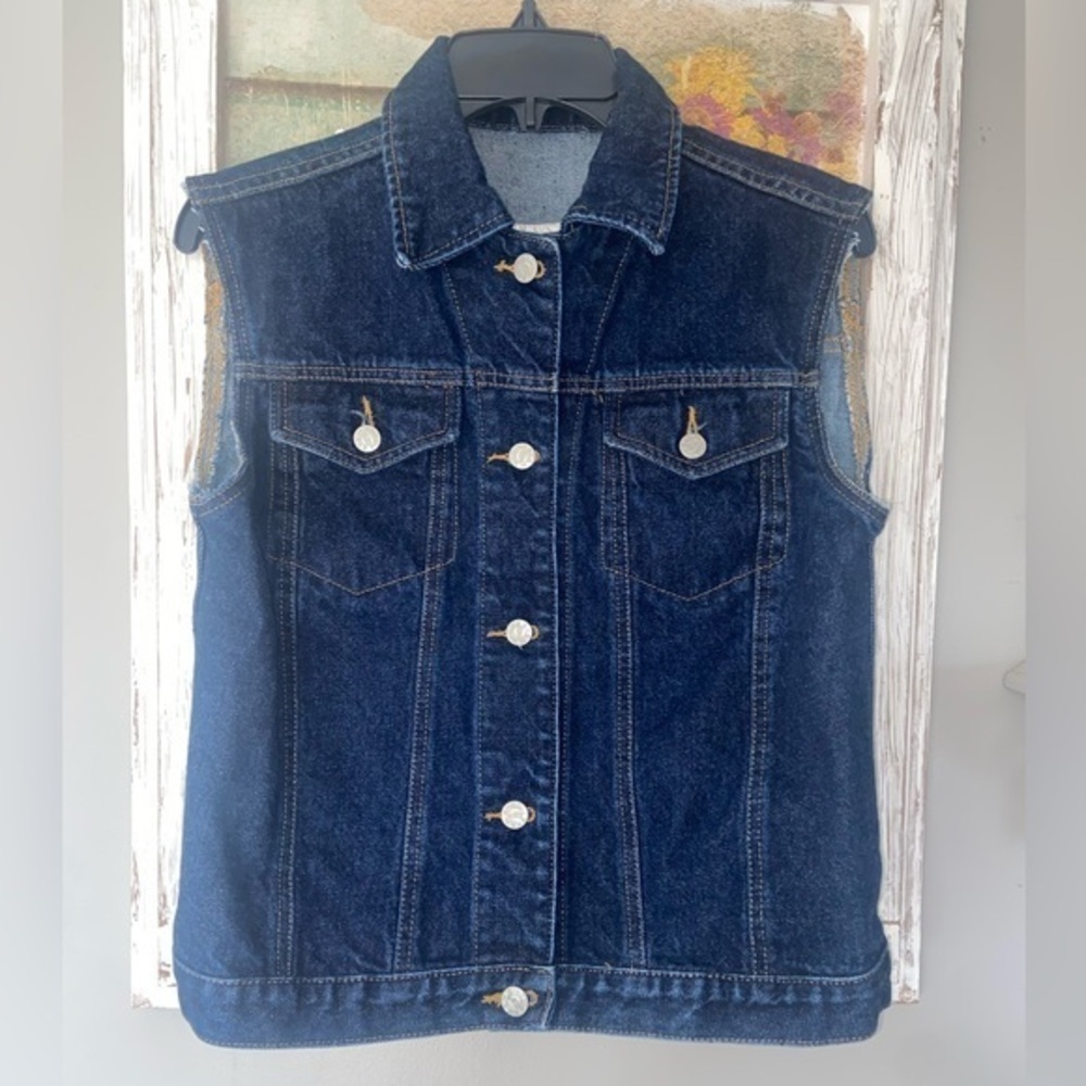 Evan Picone Denim Button Front Vest Sz Small Dark Wash Flap Pockets